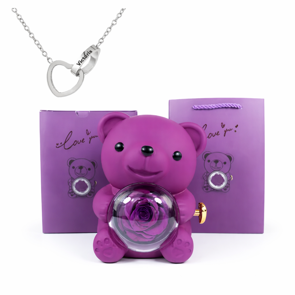 Eternal Rose Bear With Engraved Necklace