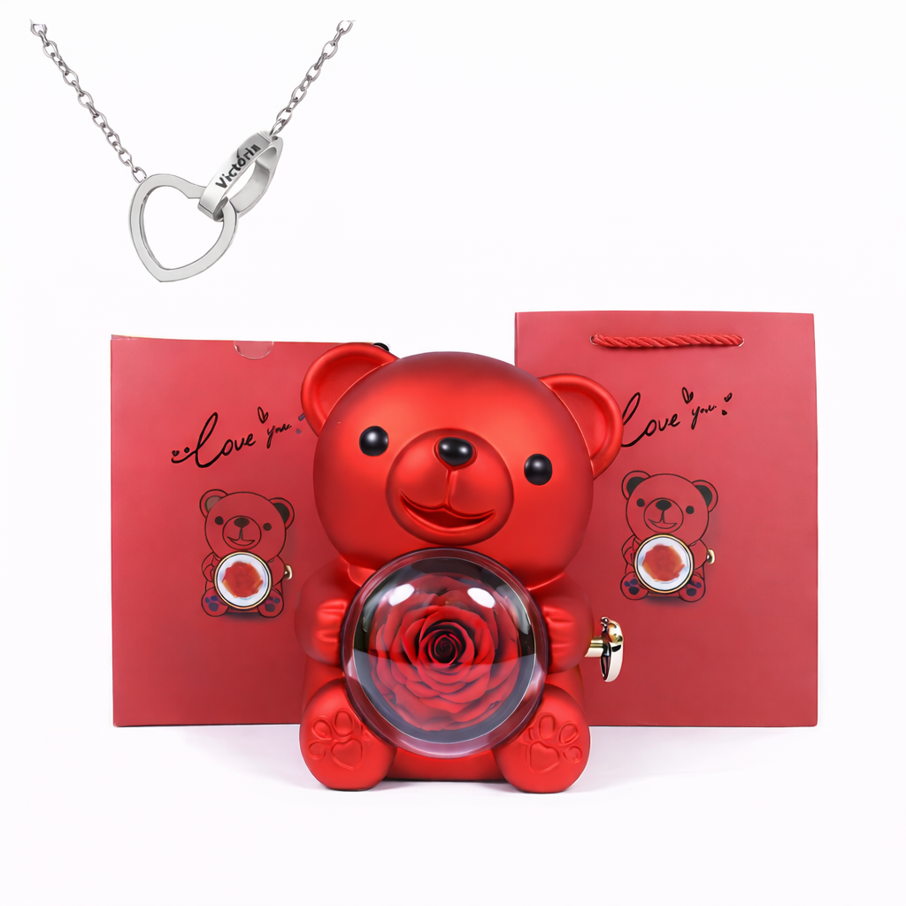 Eternal Rose Bear With Engraved Necklace