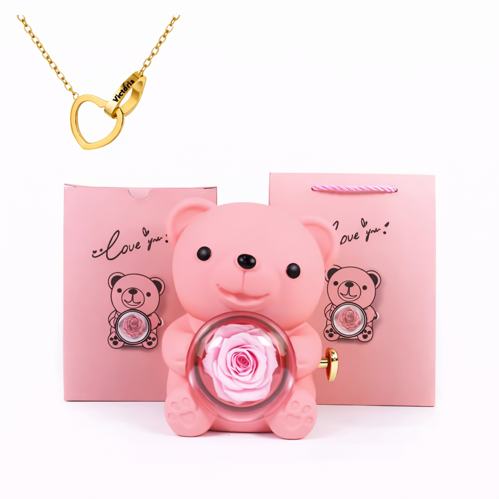 Eternal Rose Bear With Engraved Necklace