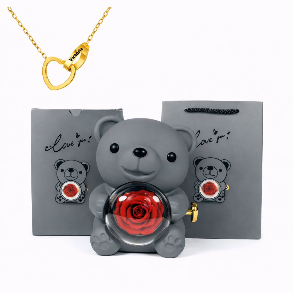 Eternal Rose Bear With Engraved Necklace