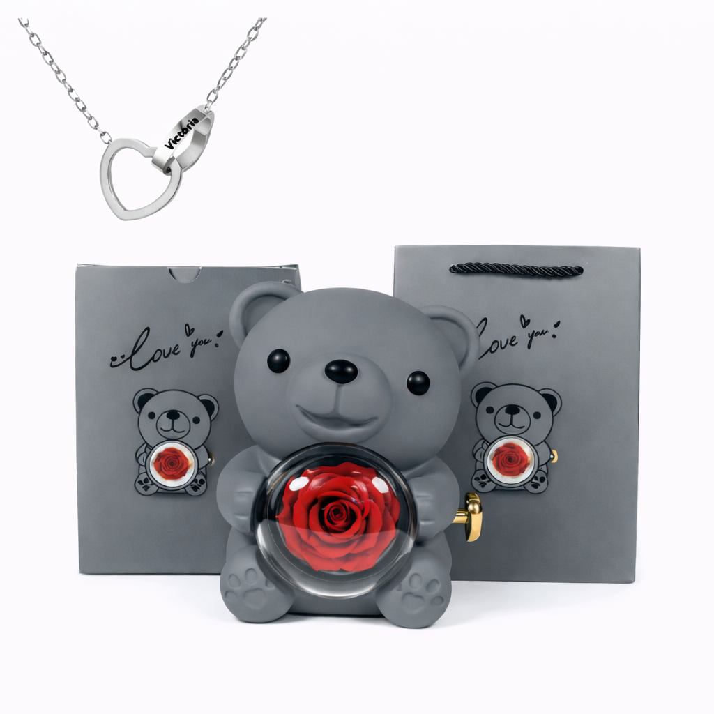 Eternal Rose Bear With Engraved Necklace